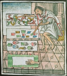 Ms Palat. 218-220 Boek IX Azteekse veerambachtsman ontwerpt en snijdt patronen, uit de 